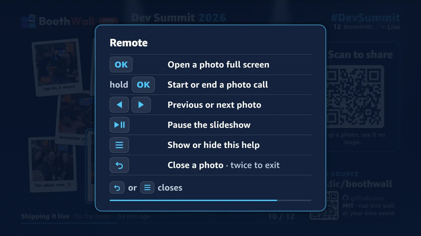 The remote help card on a TV, opened with Menu: OK, hold OK, the arrows, Play/Pause, Menu and Back, each with what it does