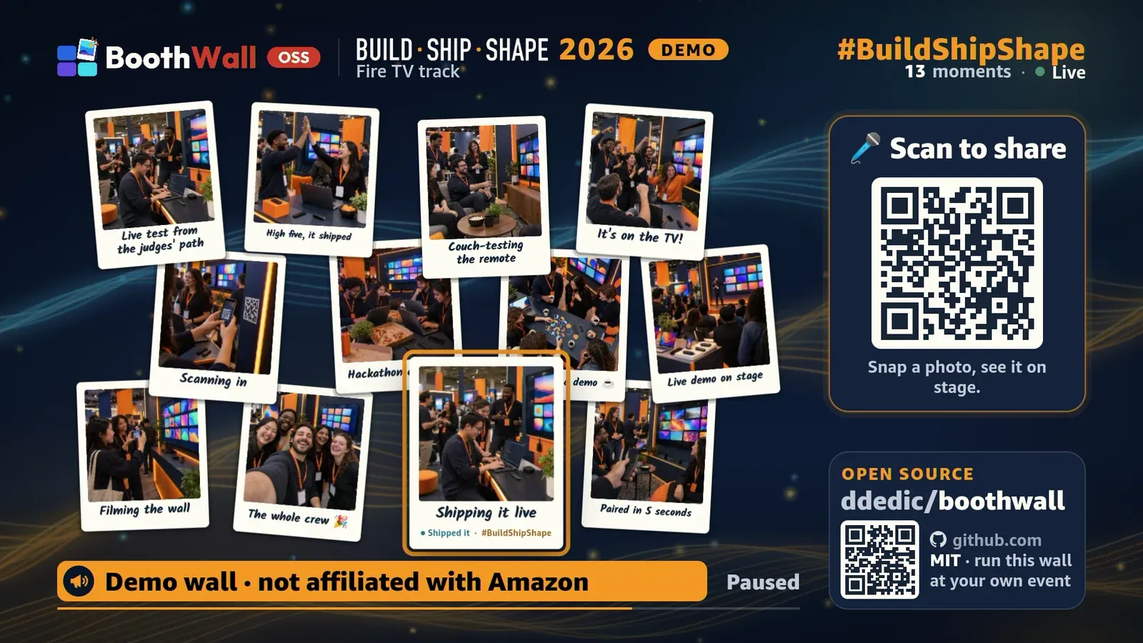 The demo wall on the Fire TV Stick after Play/Pause: a collage of hackathon polaroids, a Scan to share QR code, a Who's here panel, and Paused beside the announcement bar