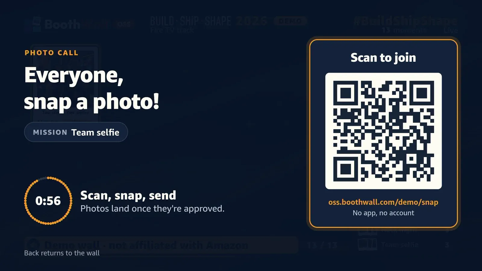 A photo call on the Stick: Everyone, snap a photo!, the mission Team selfie, a countdown at 0:56 and a Scan to join QR code