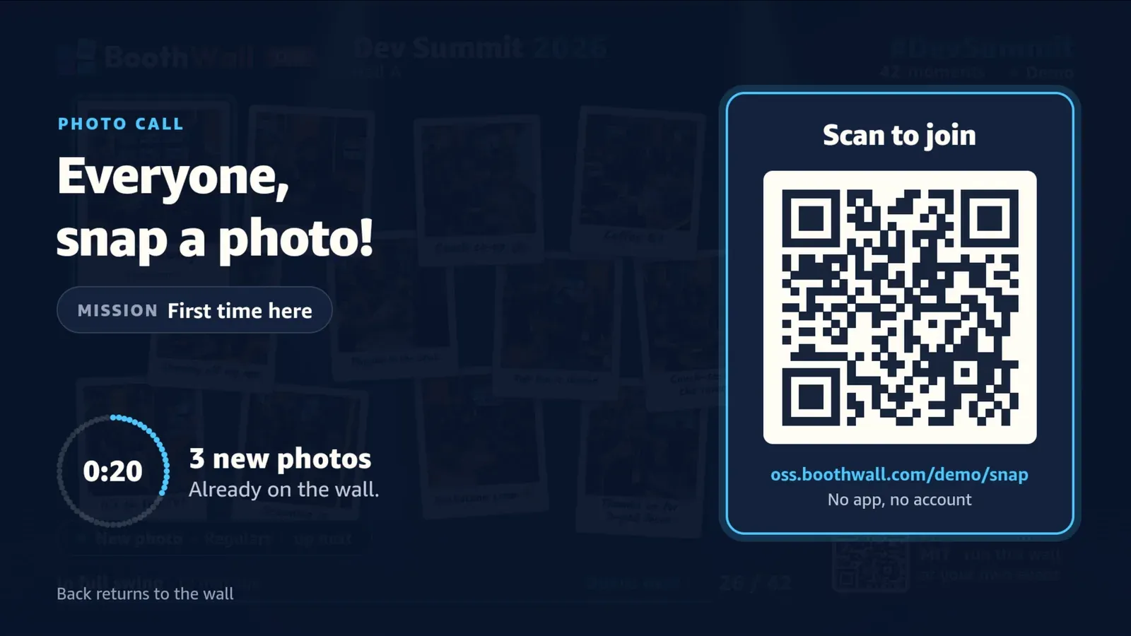 A photo call on a TV: Everyone, snap a photo!, the mission First time here, a countdown at 0:20 with 3 new photos, and a big Scan to join QR code