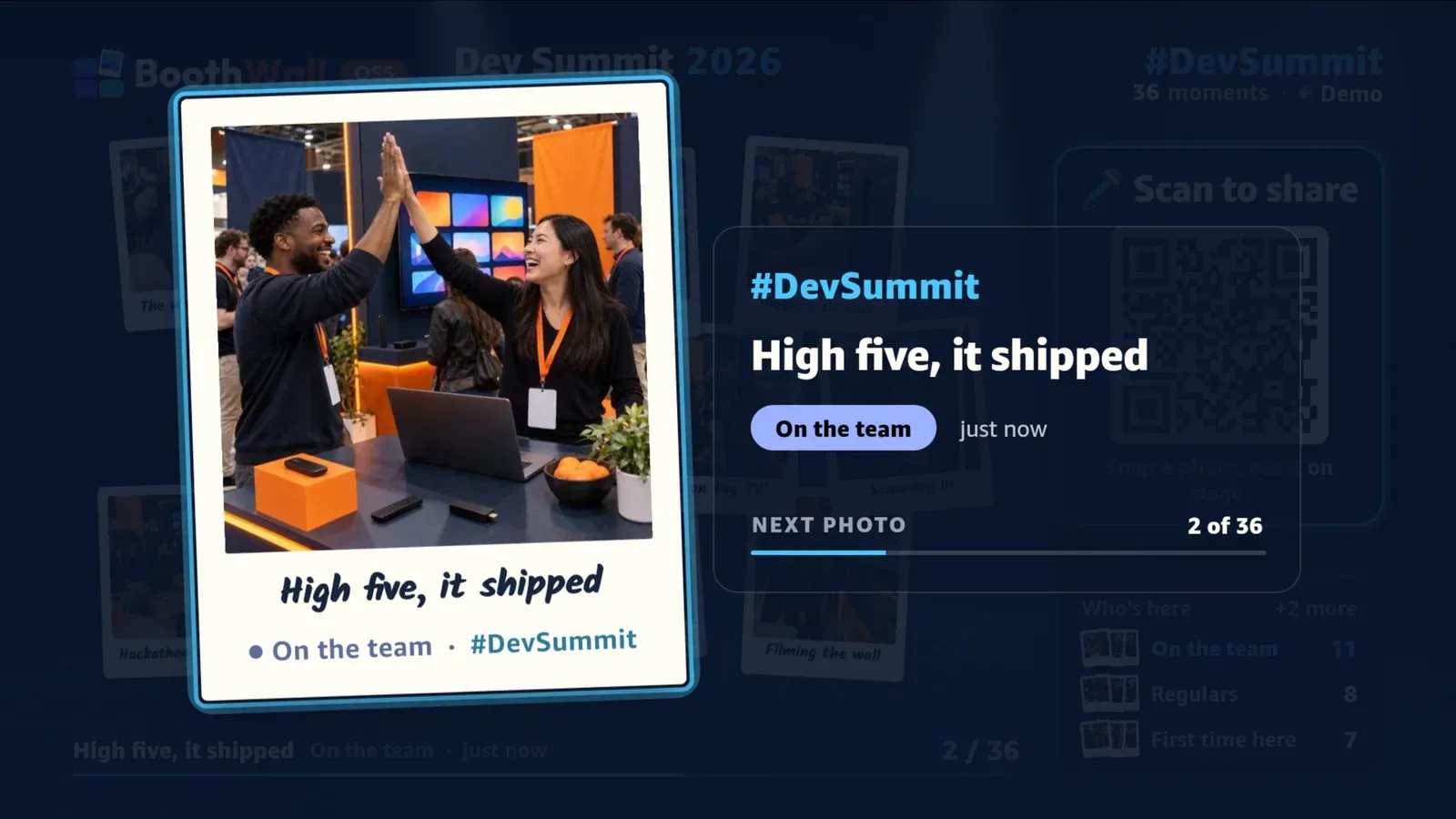 The spotlight on a TV: one photo full screen captioned High five, it shipped, with its category, its time and the counter 2 of 36