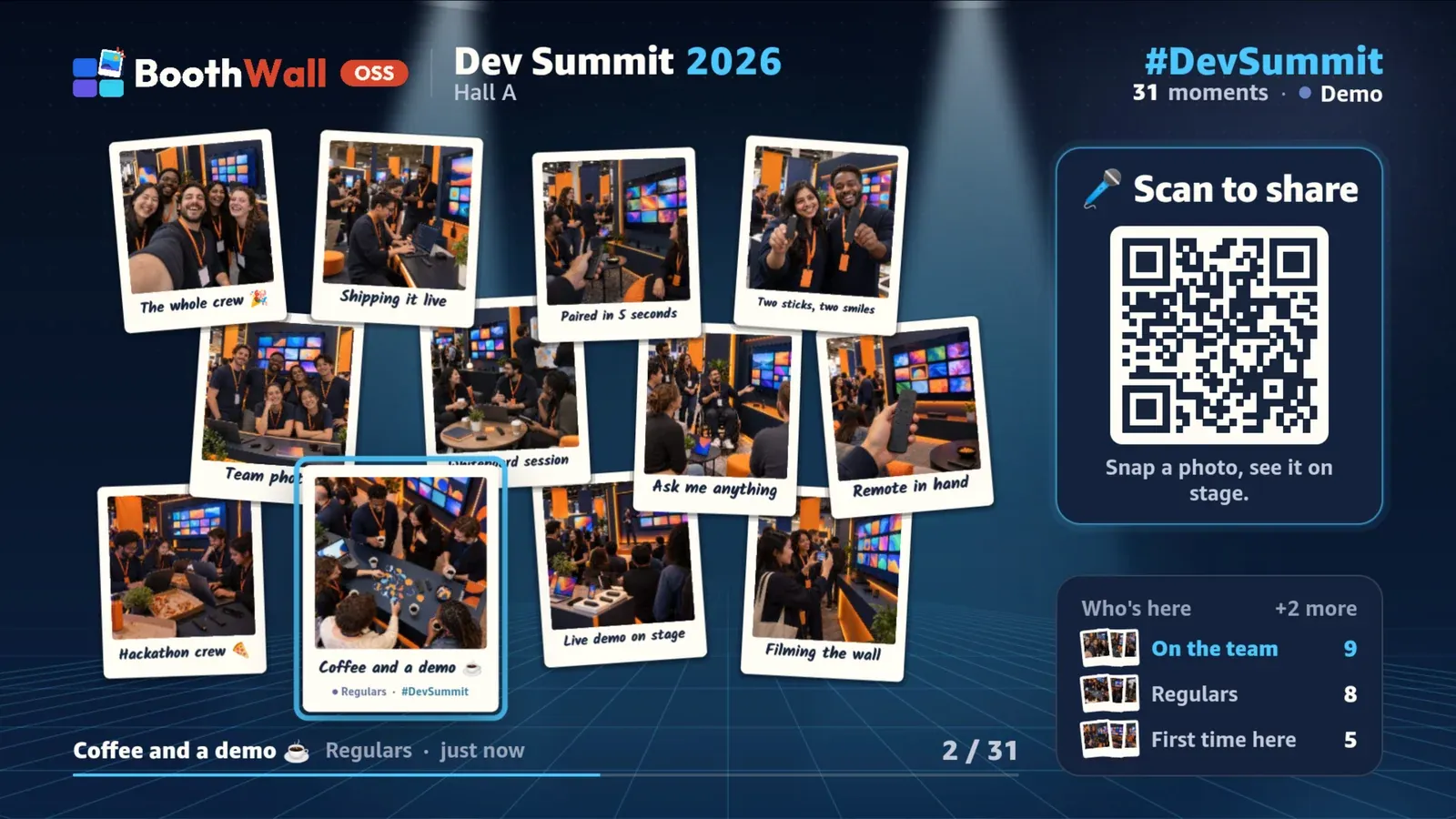 The wall on a TV: the BoothWall OSS header with Dev Summit 2026, Hall A and 31 moments, a collage of polaroids with Coffee and a demo highlighted, a Scan to share QR code, and a Who's here panel counting photos per category