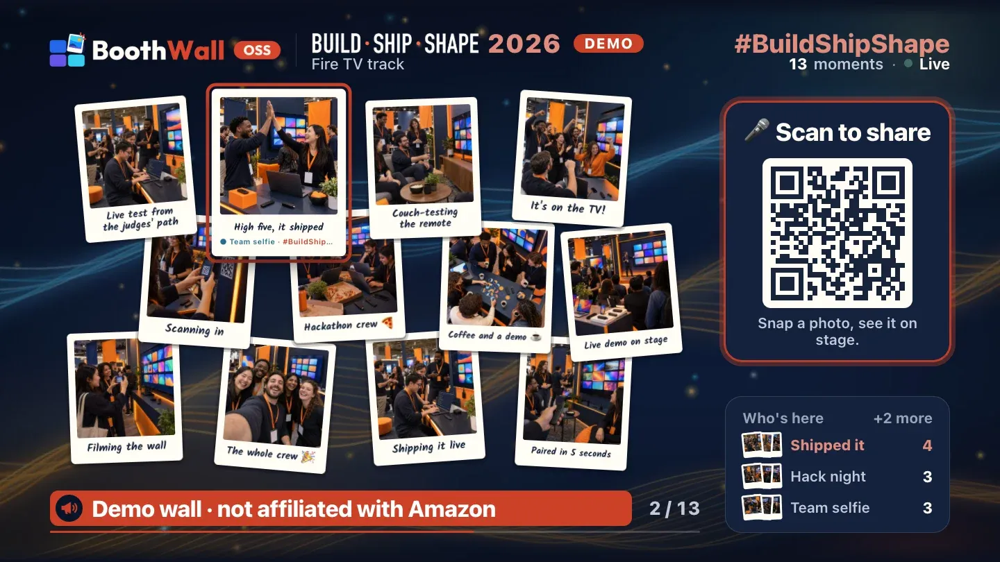 The live demo wall in a desktop browser: the Build, Ship, Shape hackathon wall with 13 moments, a Scan to share QR code, a Who's here panel and the announcement Demo wall, not affiliated with Amazon