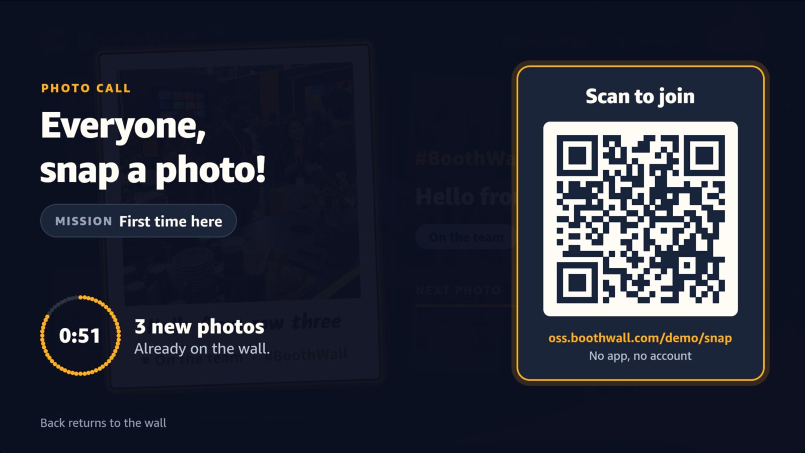 A photo call on the TV: a mission, a countdown at 0:29 with two new photos, and a big QR code