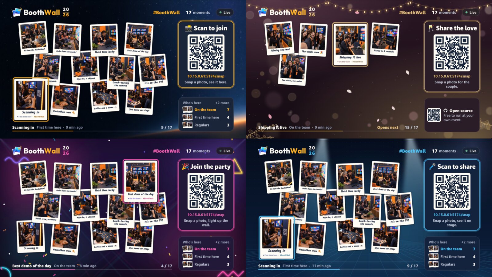 The same live wall in its four themes: universal, wedding, party and conference