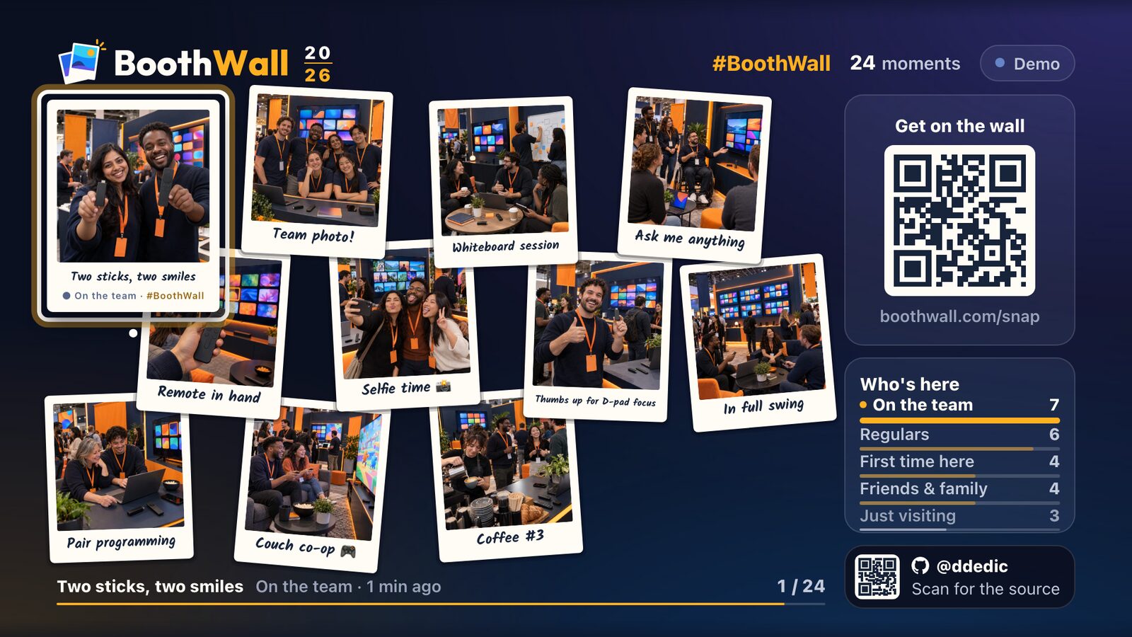 The wall on the TV: polaroids, a Get on the wall QR code and a live count per category